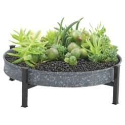 16" Aged Galvanized Round Tabletop Planter